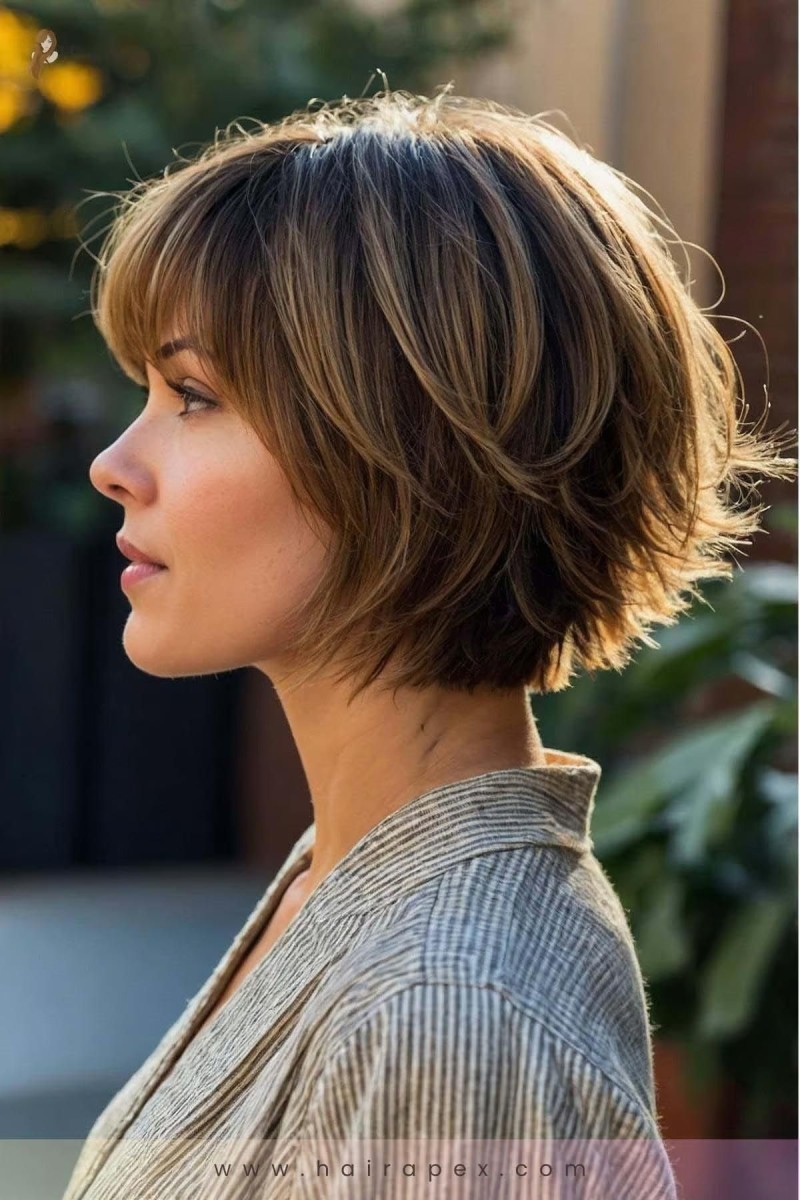 Carré court dégradé effilé frange